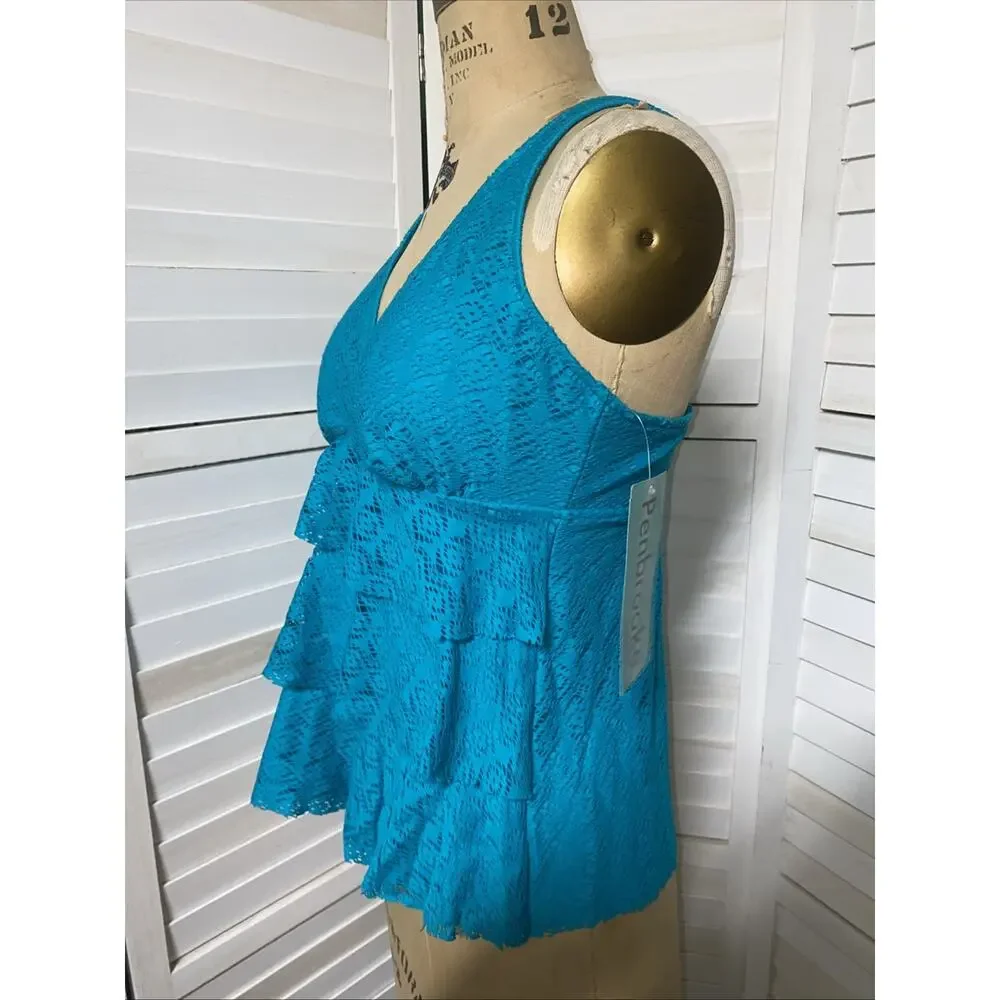 New W/ Tags Penbrooke Women’s Swimsuit Top Tankini Teal Green Size 14